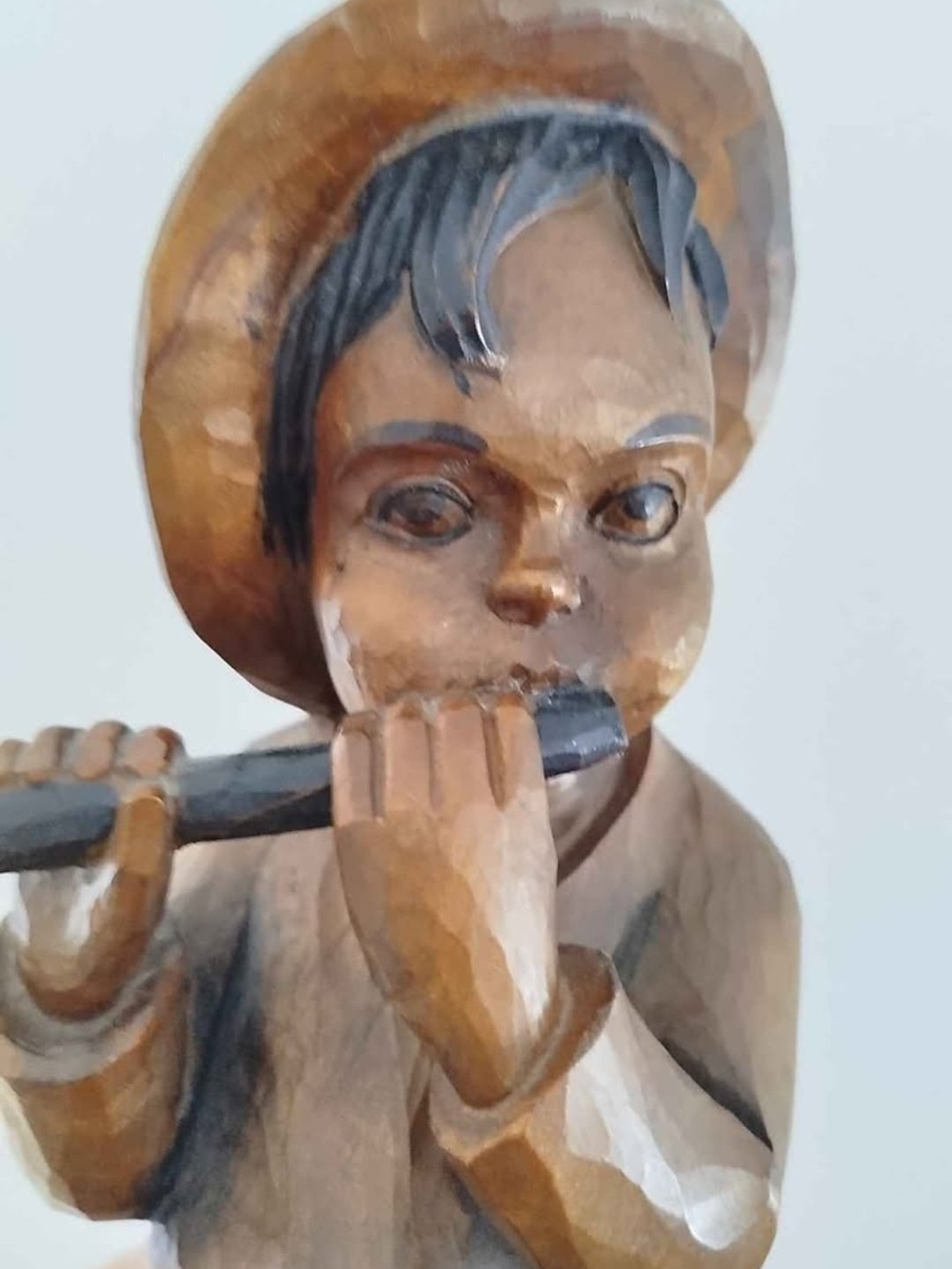 Wood Flute Player Sculpture - 38 Cm. Brown Home Art . Ouro Made In Spain